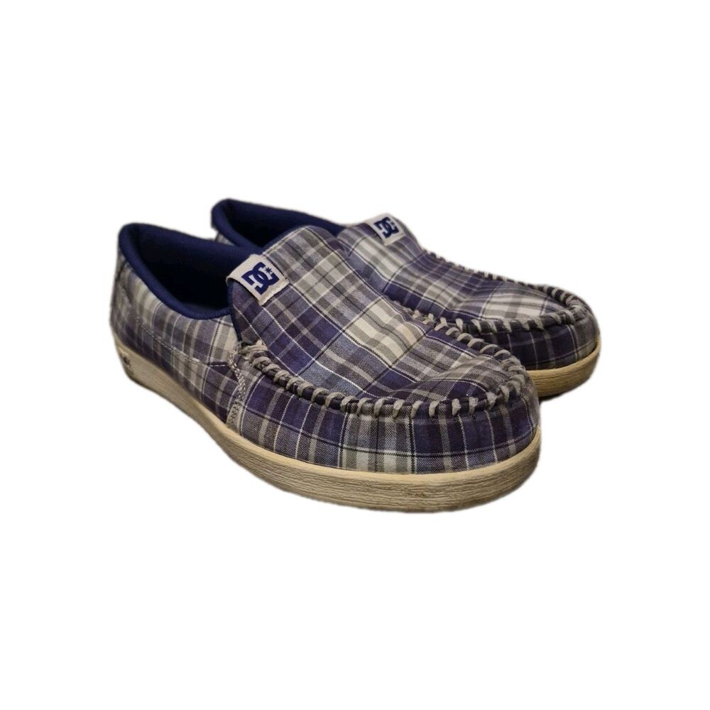 DC Villain TX Slip On Loafer Shoes Womens Size 8 Purple Plaid Skate Skater